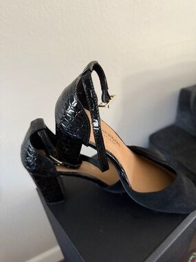 Christian Siriano Black Croc-Embossed Ankle Strap Block Heels